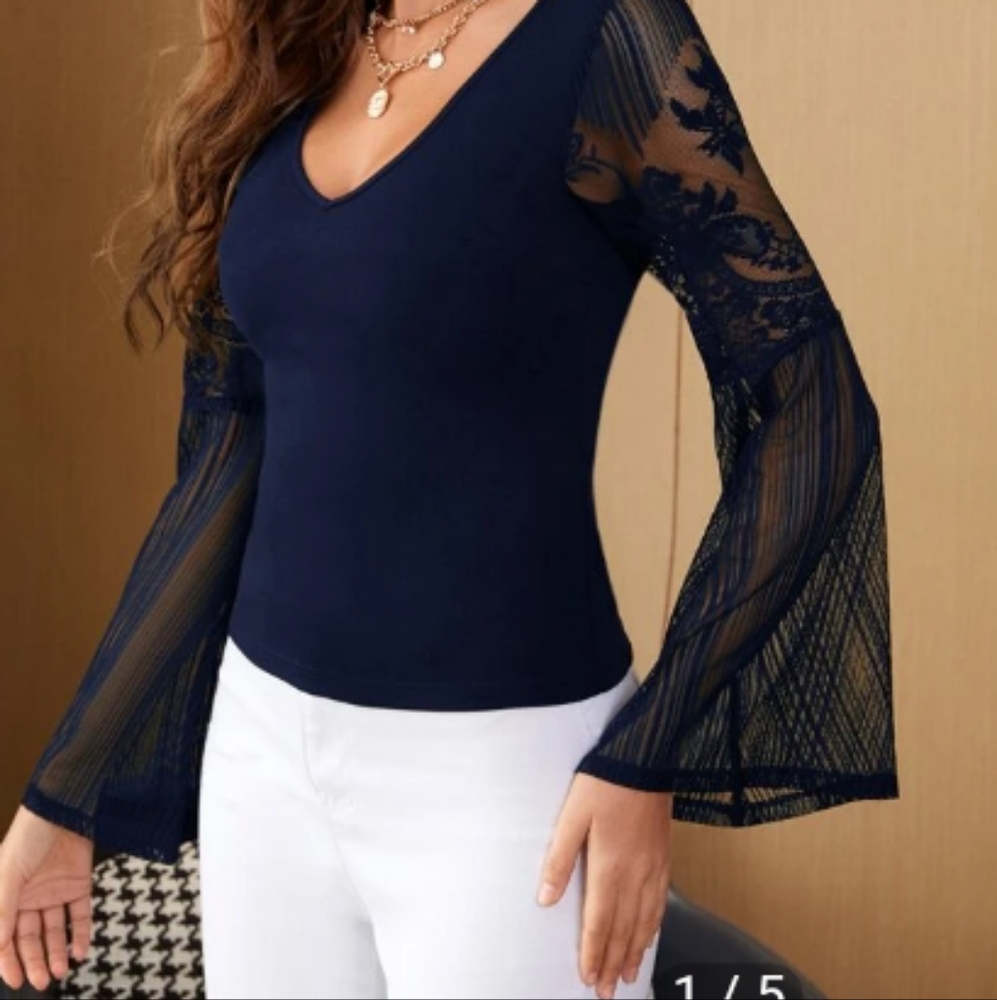 SHEIN Clasi V-Neck Lace Detail Bell Sleeve Tee